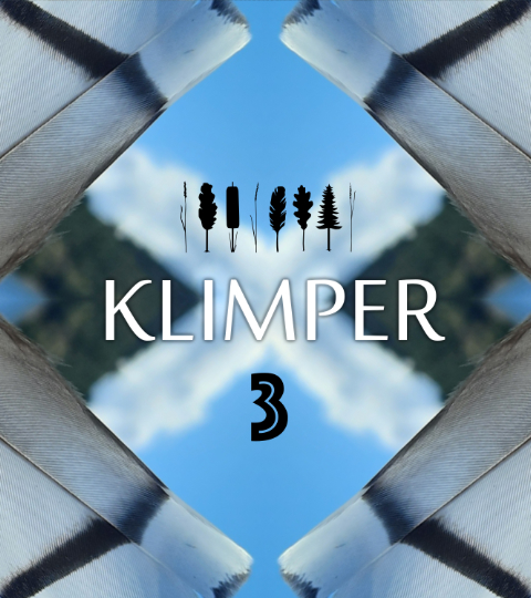 Cover picture for Klimper 3. A white feather with a black stripe, mirrored in all four corners of the image on blue background, framing the lettering KLIMPER 3