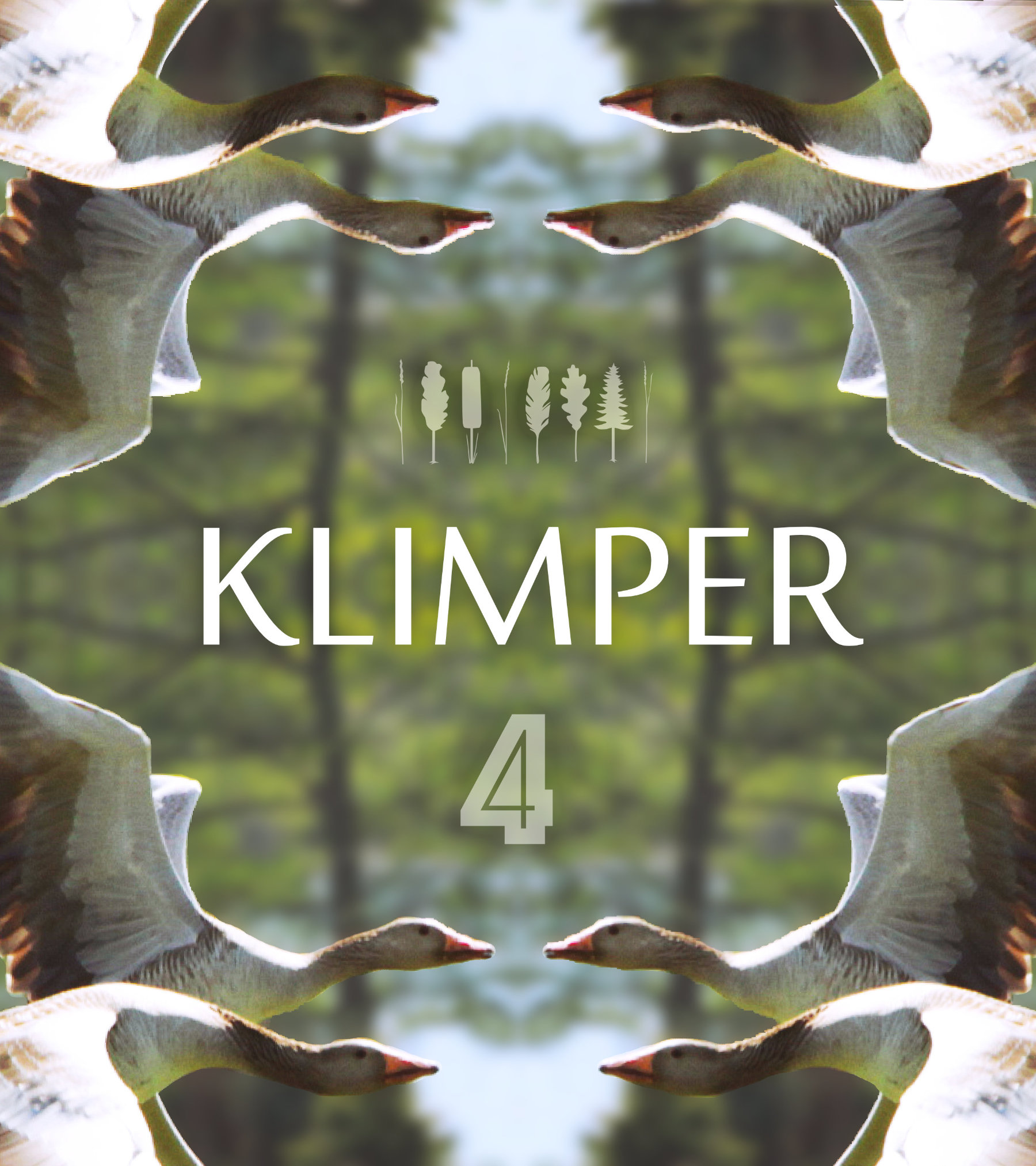 Cover image for Klimper 4. Two flying wild geese, mirrored in all four corners of the image on a green landscape background, framing the lettering KLIMPER 4